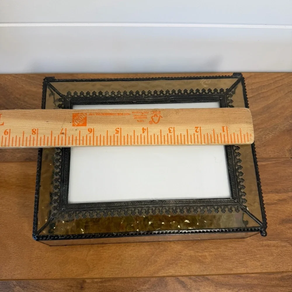 Ormolu‎ Keepsake Box Photo Lid Iridescent Glass Large 8x6